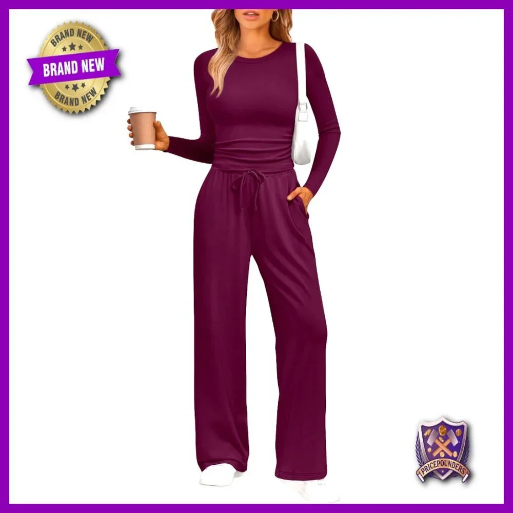 Two Piece Lounge Set Long Sleeve Wide Leg Pants Comfort Stretch Business Casual